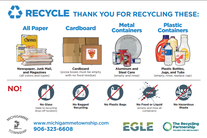 Thank you for recycling these items. Paper, cardboard, metal containers, aluminum and steel cans, plastic bottles, jugs, and tubs. No glass, no bags, no food or liquid, and no hazardous waste.